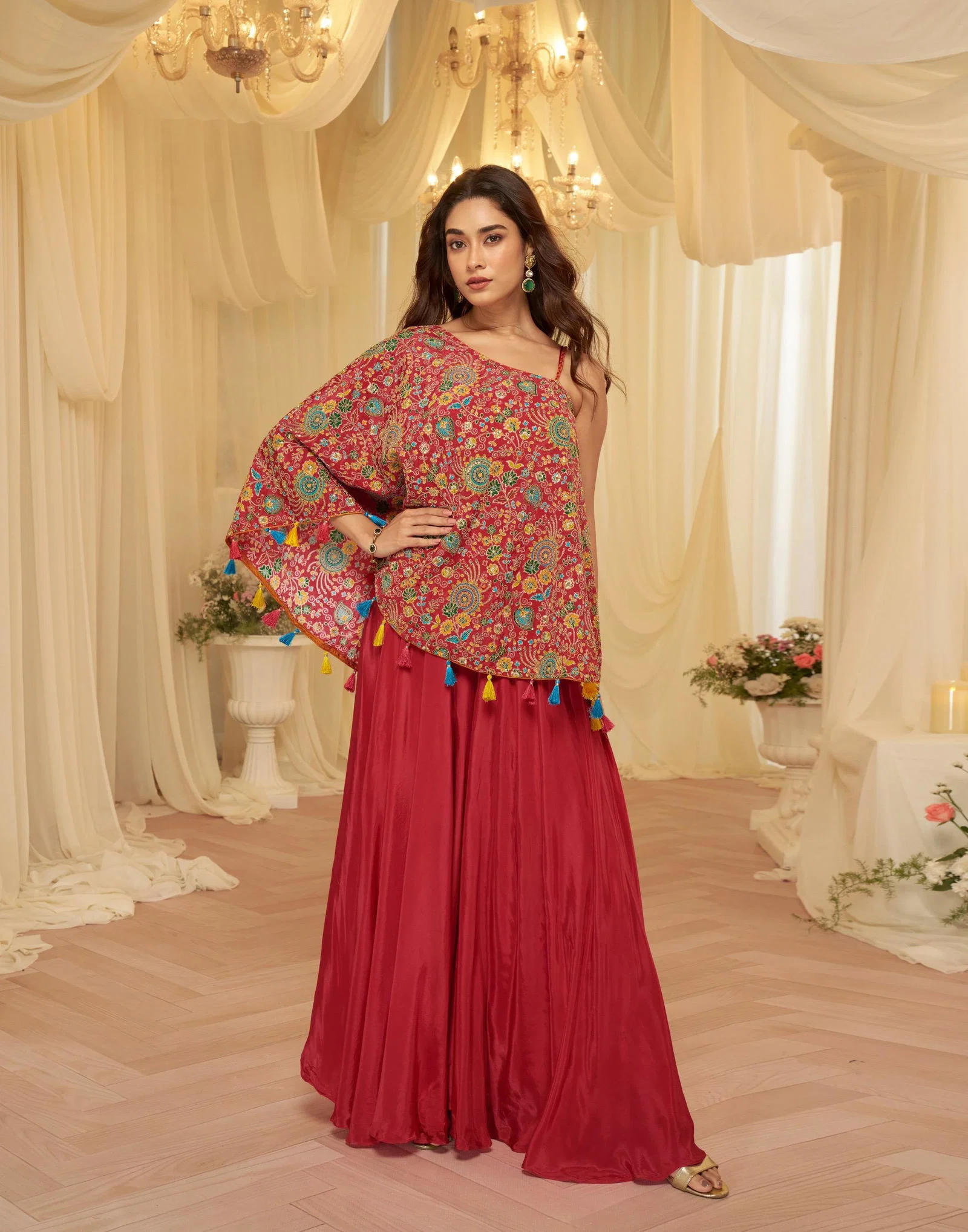 Sayuri Tamanna Red Embroidery Indo Wester Dress Silk Aura Usa