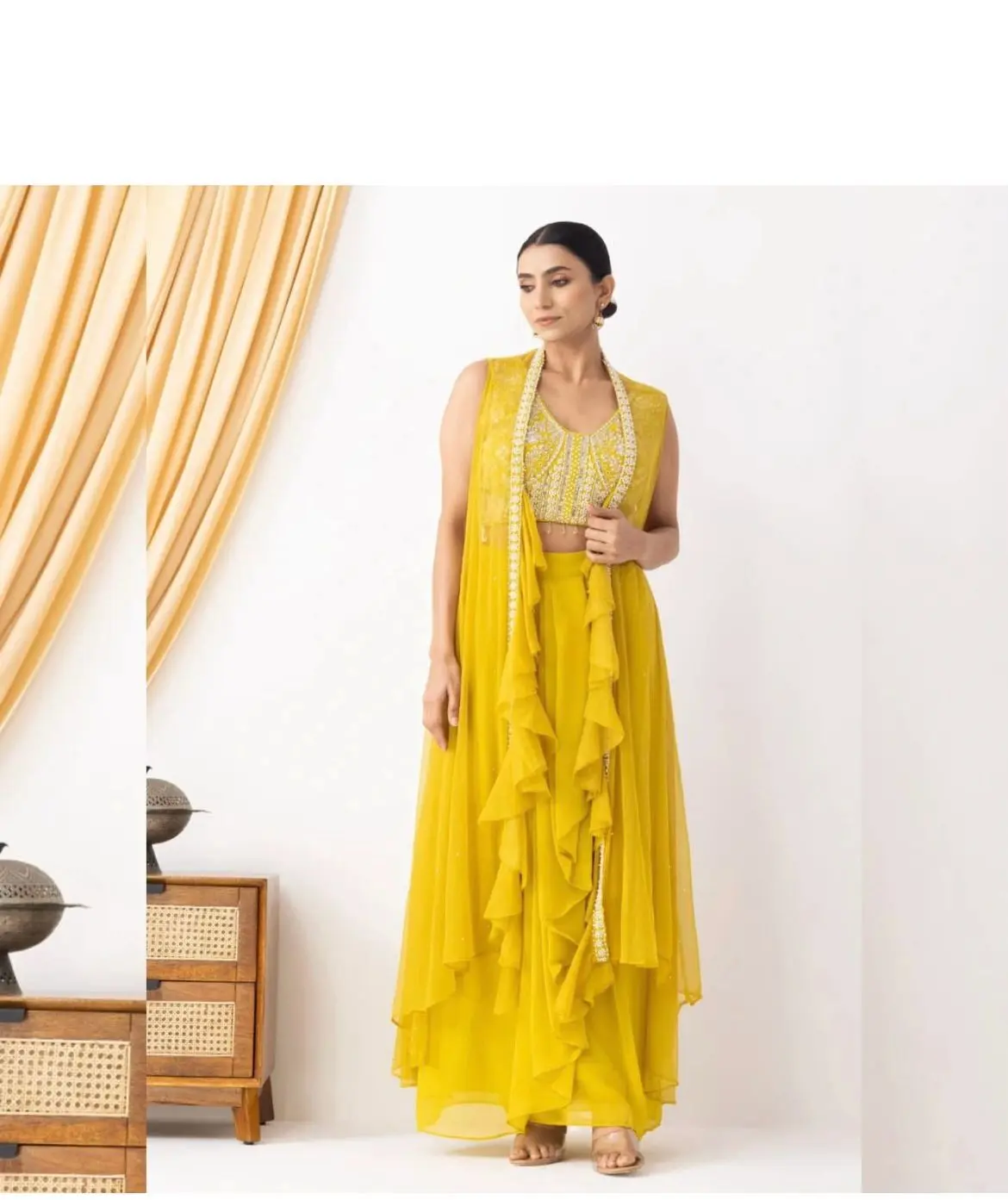 Yellow Georgette Ladies Dhoti Blouse Western Dress Silk Aura Usa
