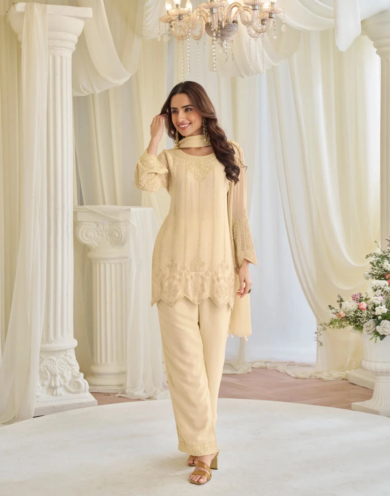 Sayuri Kajal Cream Chinon Silk With Embnroidered Designer Top Bottom And Dupatta Usa