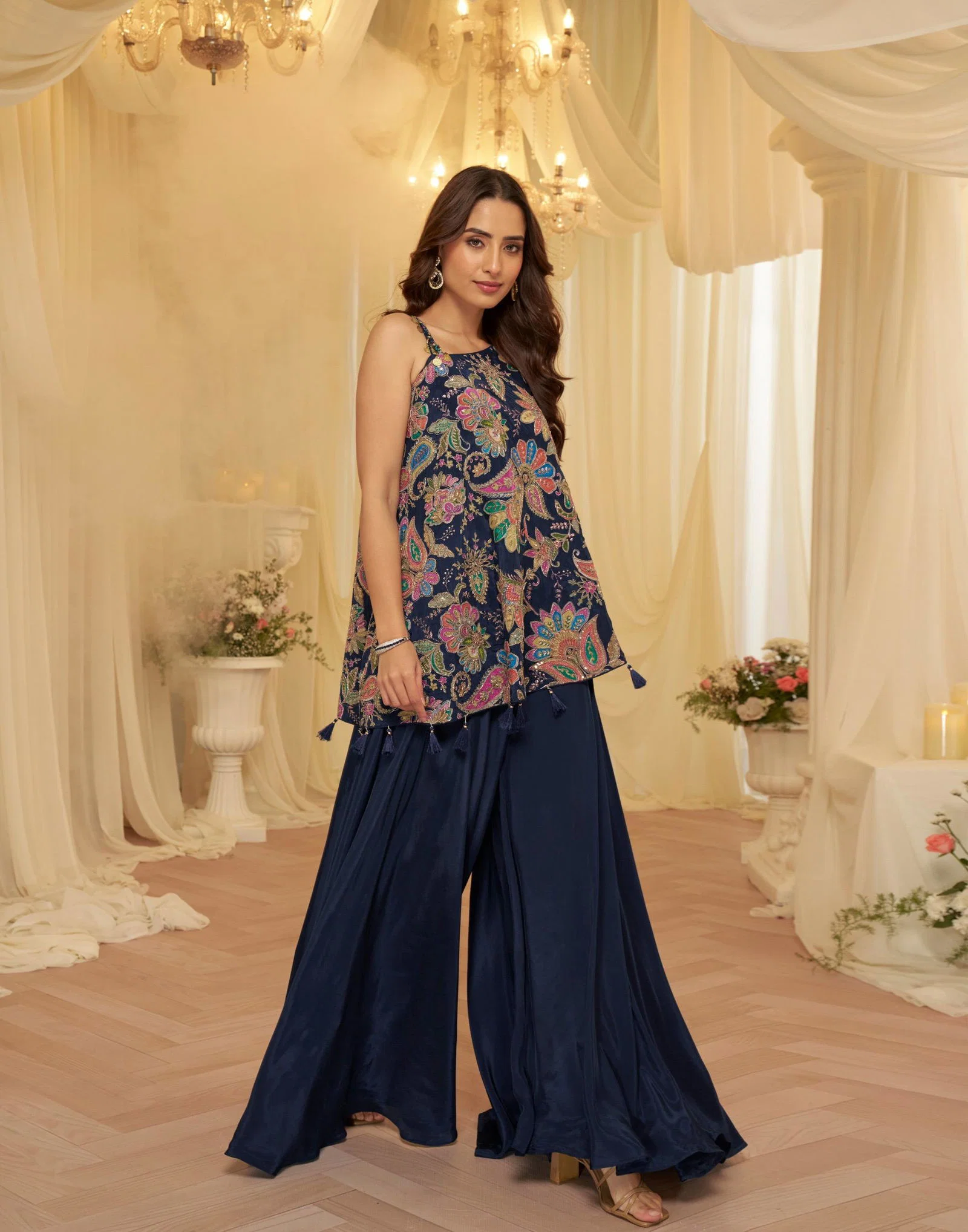 Sayuri Tamanna Navy Blue Embroidery Indo Wester Dress Silk Aura Usa