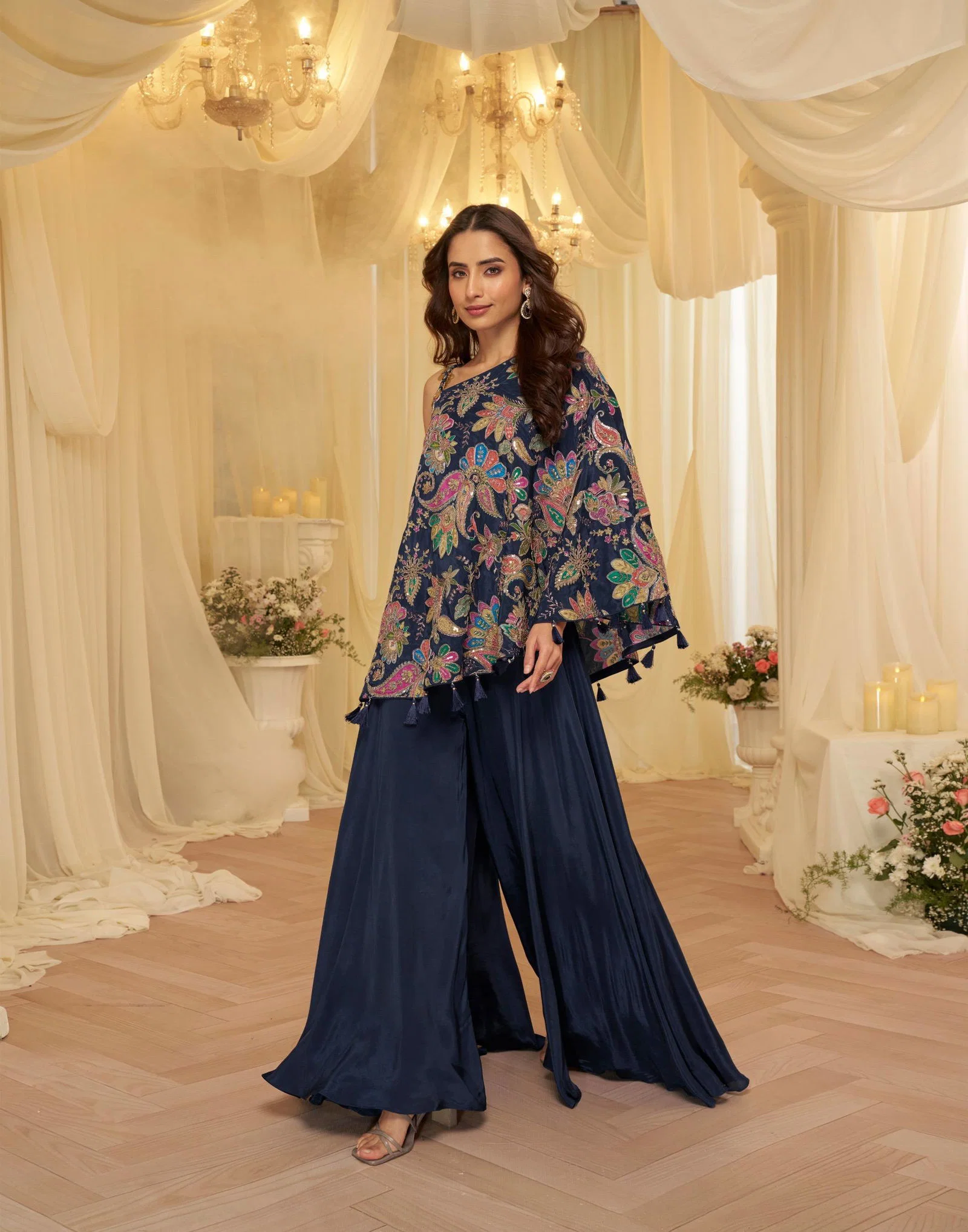 Sayuri Tamanna Navy Blue Embroidery Indo Wester Dress Silk Aura Usa