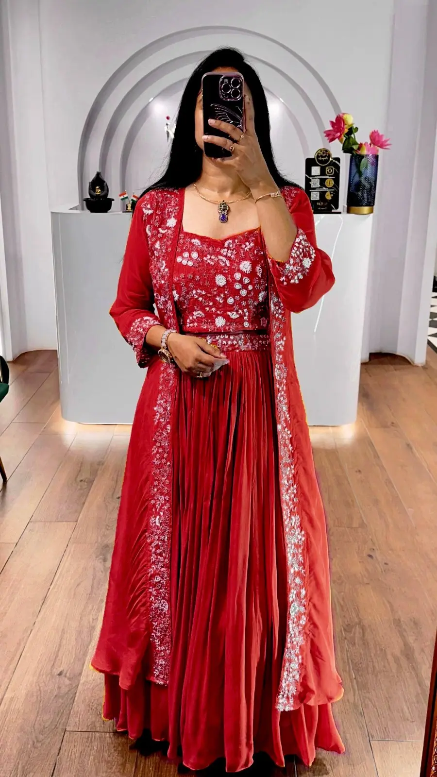 C585 Red Fox Georgette Indo Western Ladies Dress Silk Aura Usa Online