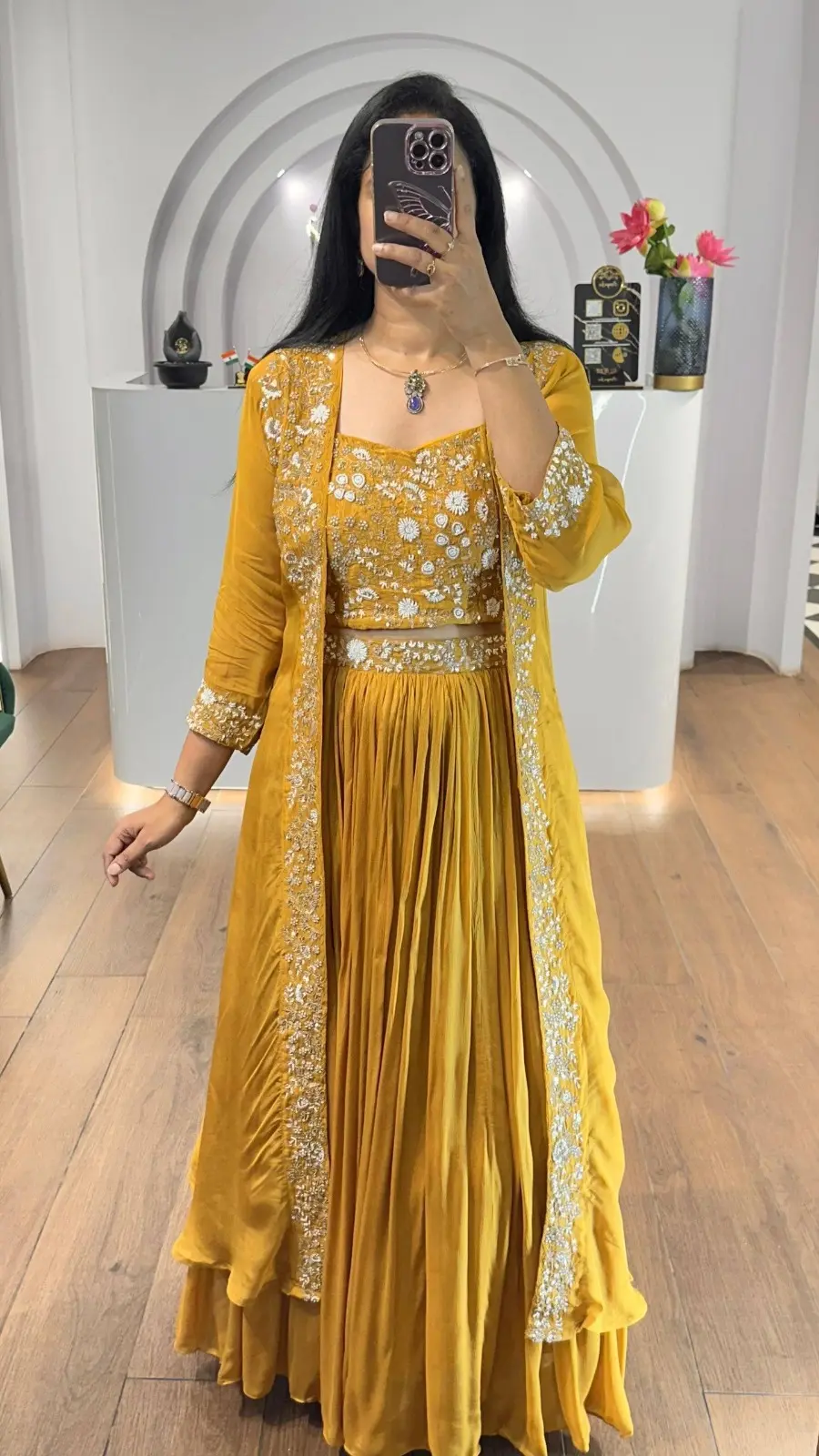 C585 Yellow Fox Georgette Indo Western Ladies Dress Silk Aura Usa Online