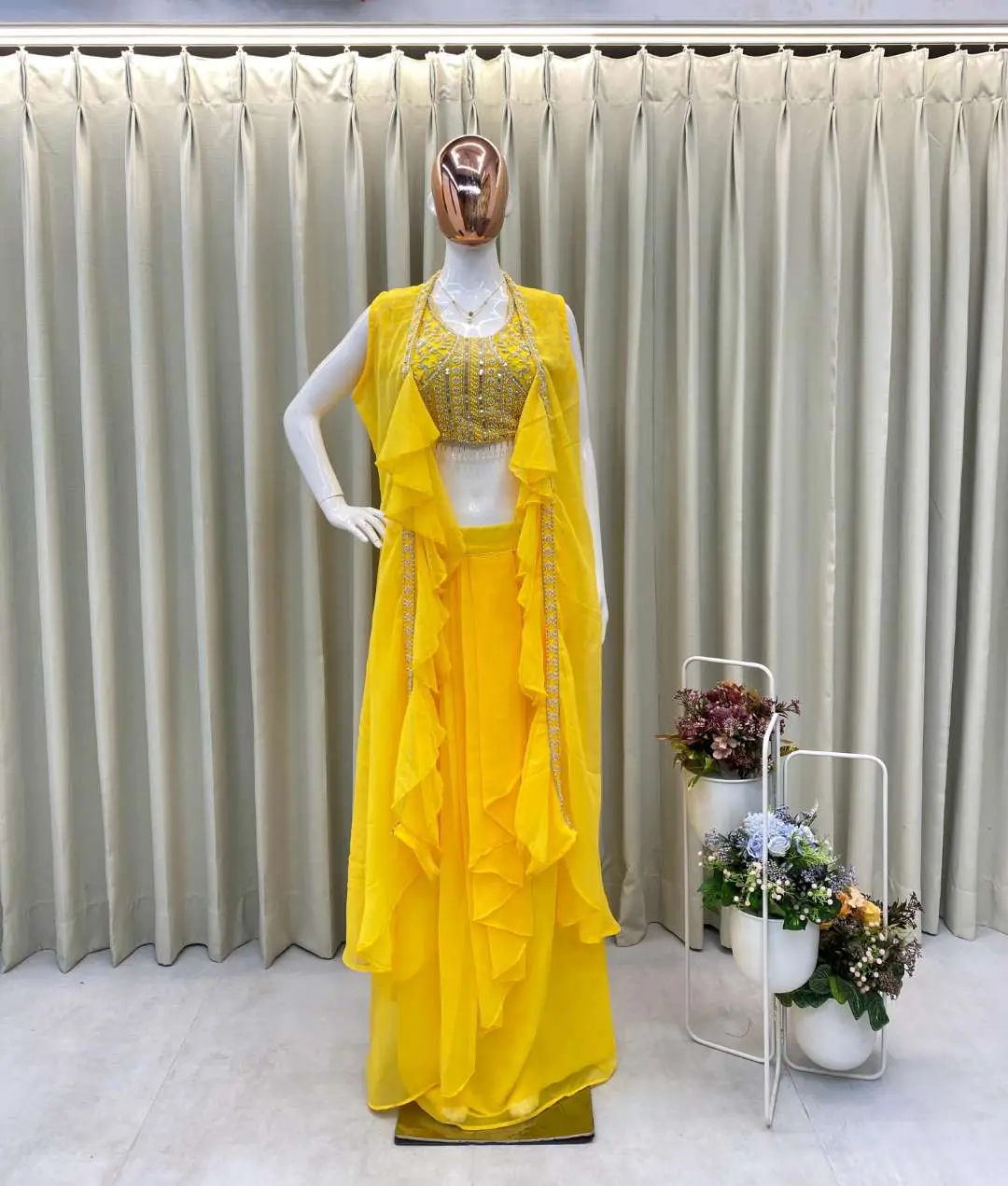 Yellow Georgette Ladies Dhoti Blouse Western Dress Silk Aura Usa