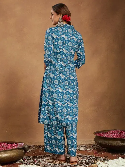 Buy Blue Pure Cotton Floral Printed A-line Long Kurti Pant Collection