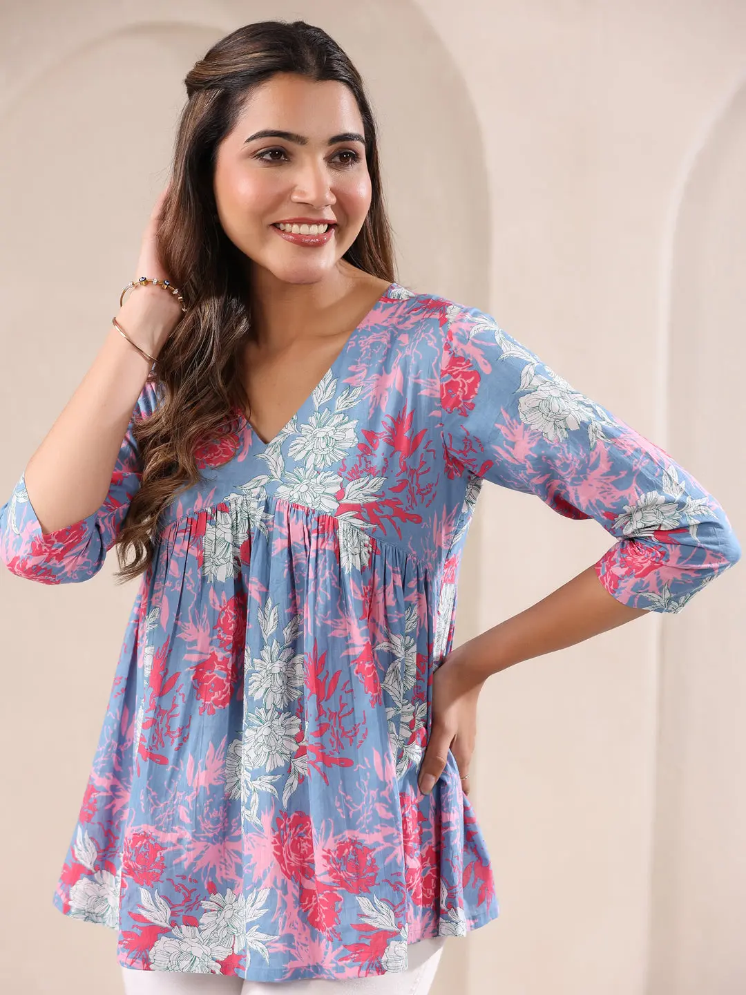Buy Girl’s Blue Pure Cotton Floral Printed A-line Top Usa