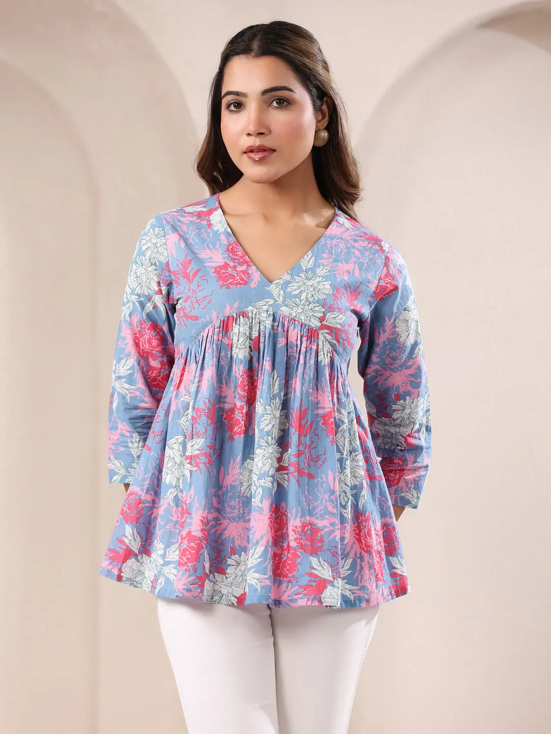 Buy Girl’s Blue Pure Cotton Floral Printed A-line Top Usa