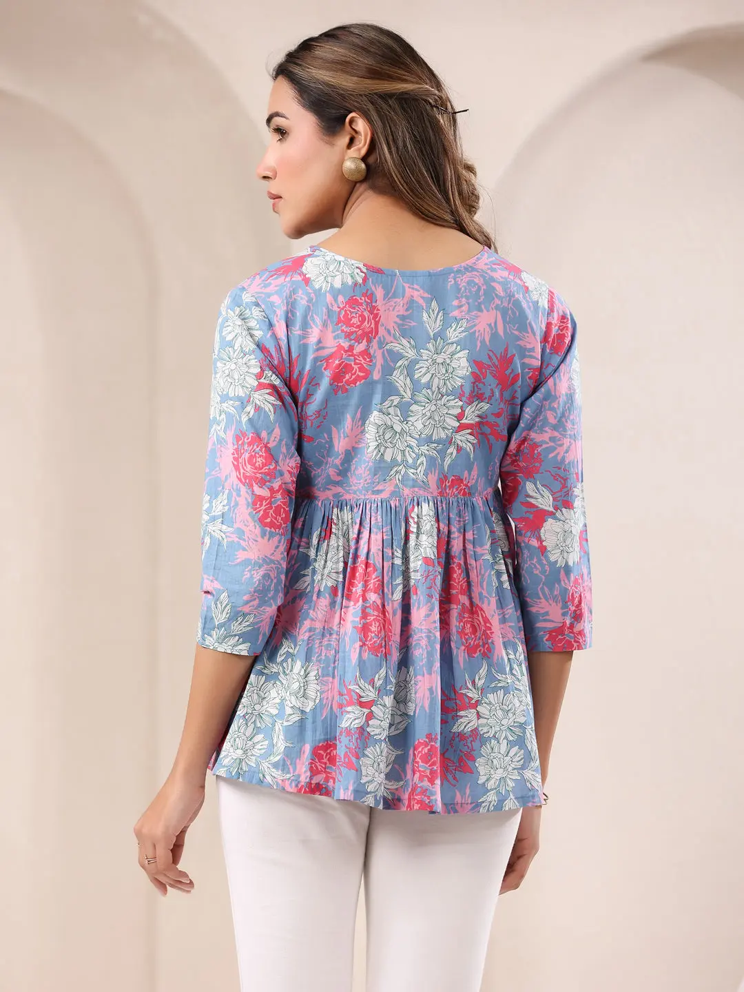 Buy Girl’s Blue Pure Cotton Floral Printed A-line Top Usa