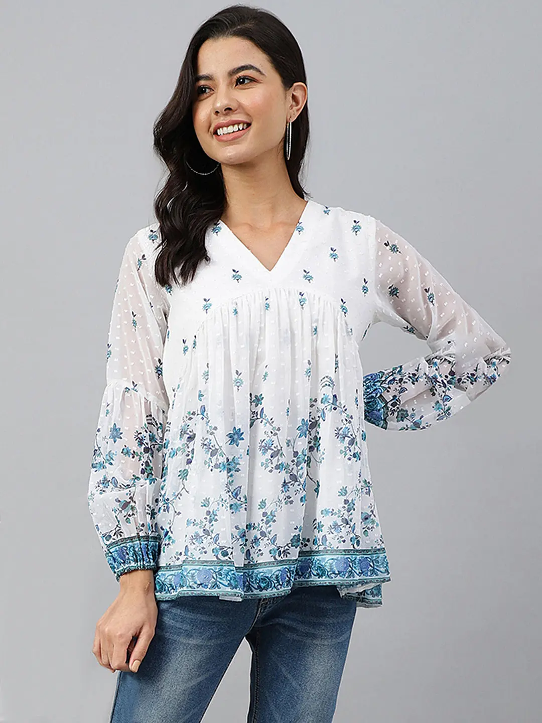 Buy Girl’s White Georgette Digital Print Flared Top Usa
