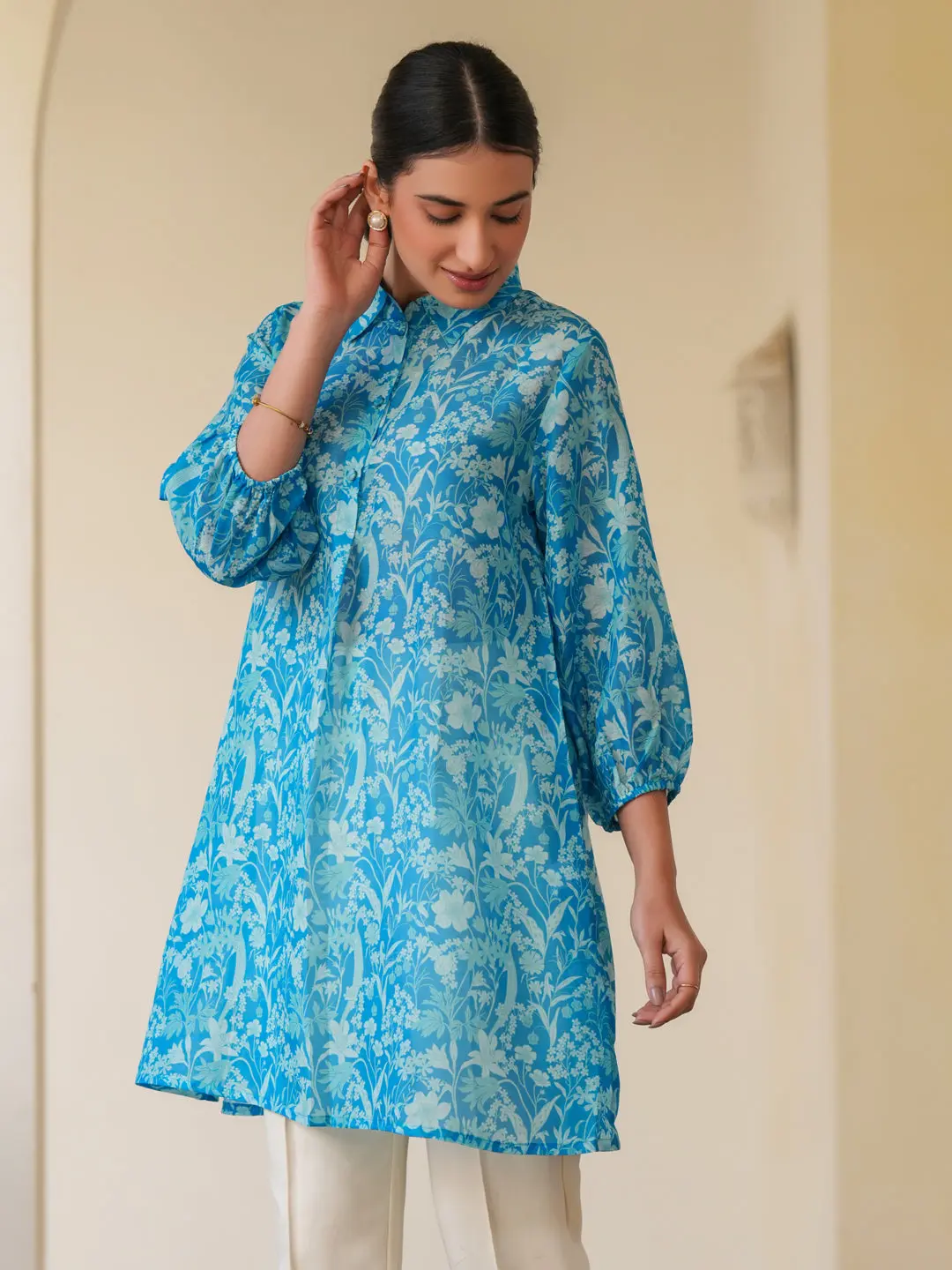 Buy Gorl’s Blue Cotton Blend Floral Printed A-line Tunic Usa
