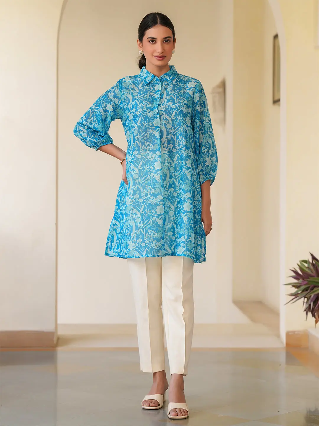 Buy Gorl’s Blue Cotton Blend Floral Printed A-line Tunic Usa