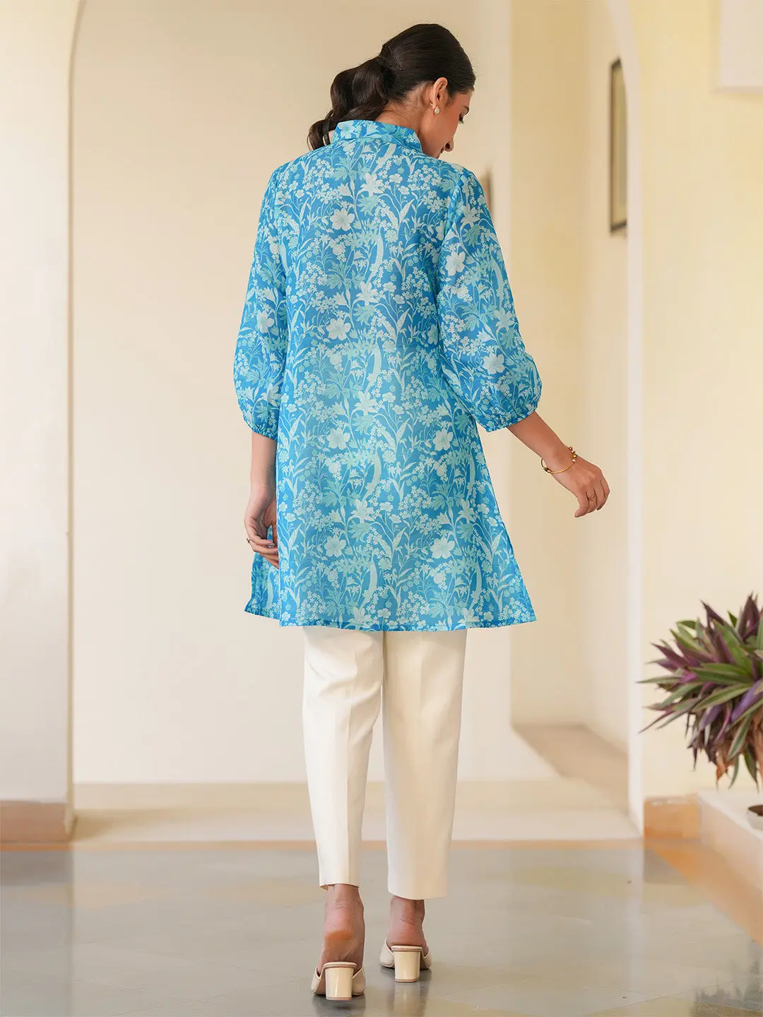 Buy Gorl’s Blue Cotton Blend Floral Printed A-line Tunic Usa