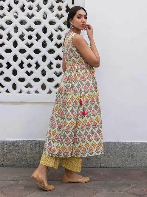 Buy Light Green Cotton A Line Printed Kurti Pant