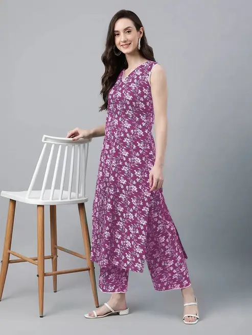Buy Purple Pure Cotton Floral Printed Co Ord Set Silk Aura