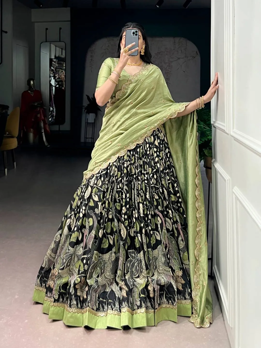 Buy WMN 1207A Tasar Silk Kalamkari Printed Embroidery Lehenga Choli Online Usa