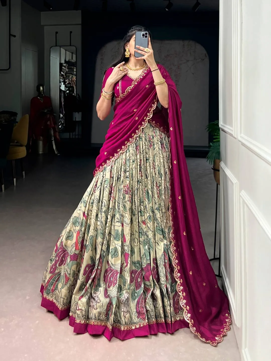Buy WMN 1207B Tasar Silk Kalamkari Printed Embroidery Lehenga Choli Online Usa