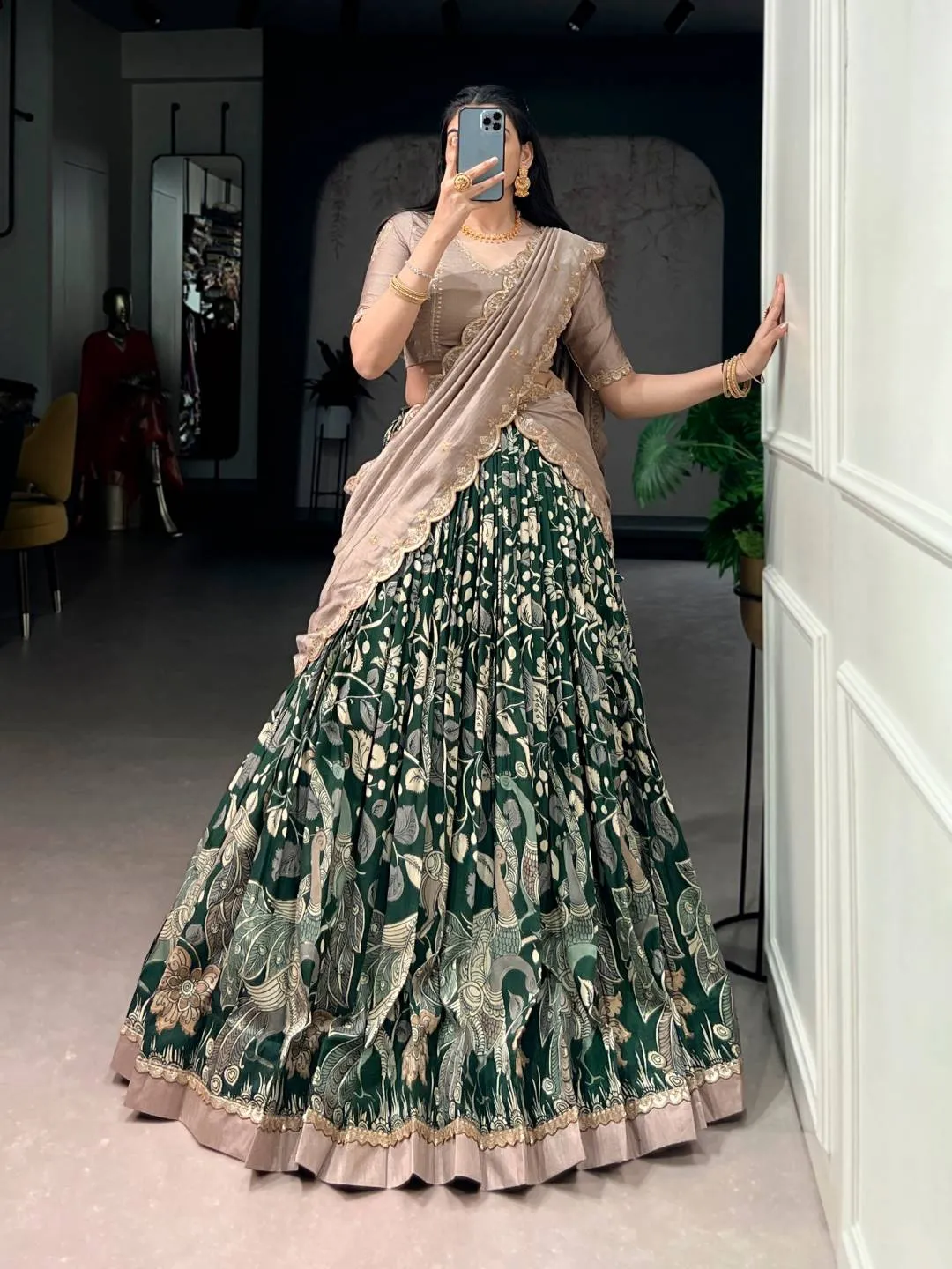 Buy WMN 1207C Tasar Silk Kalamkari Printed Embroidery Lehenga Choli Online Usa