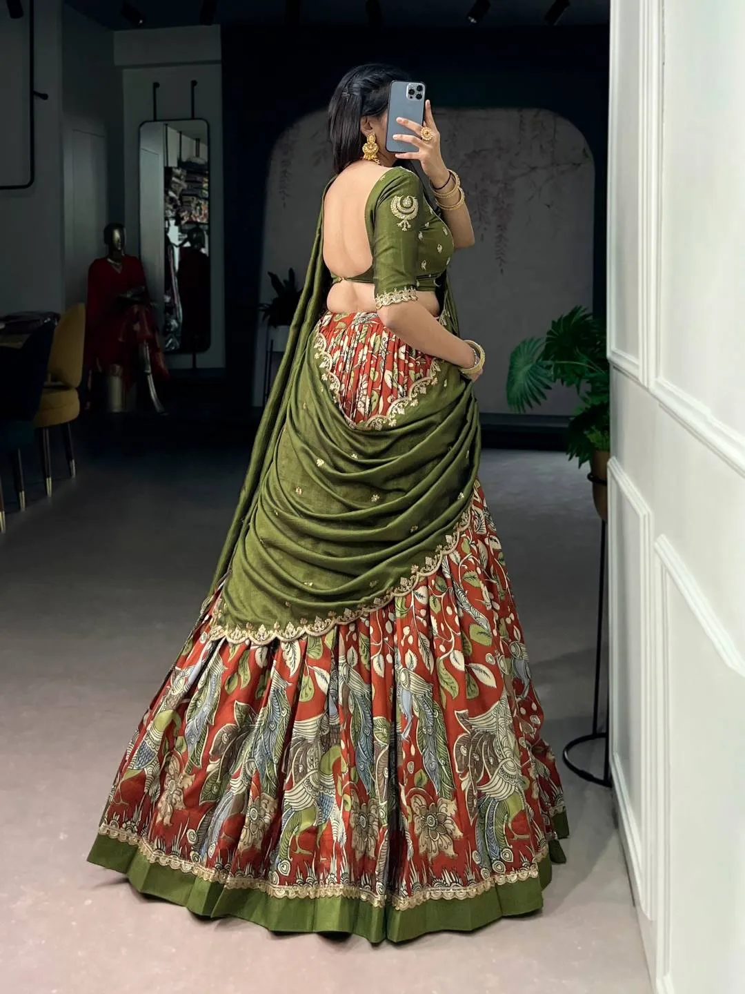 Buy WMN 1207D Tasar Silk Kalamkari Printed Embroidery Lehenga Choli Online Usa