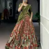 Buy WMN 1207D Tasar Silk Kalamkari Printed Embroidery Lehenga Choli Online Usa
