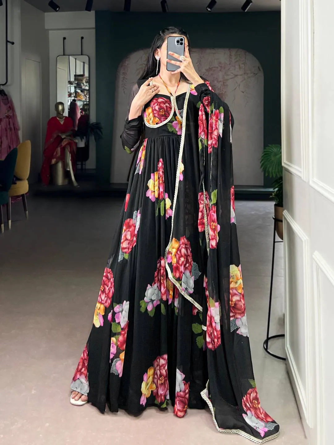 WMN 5103 Black Chiffon Floral Printed Gown Online Silk Aura Usa