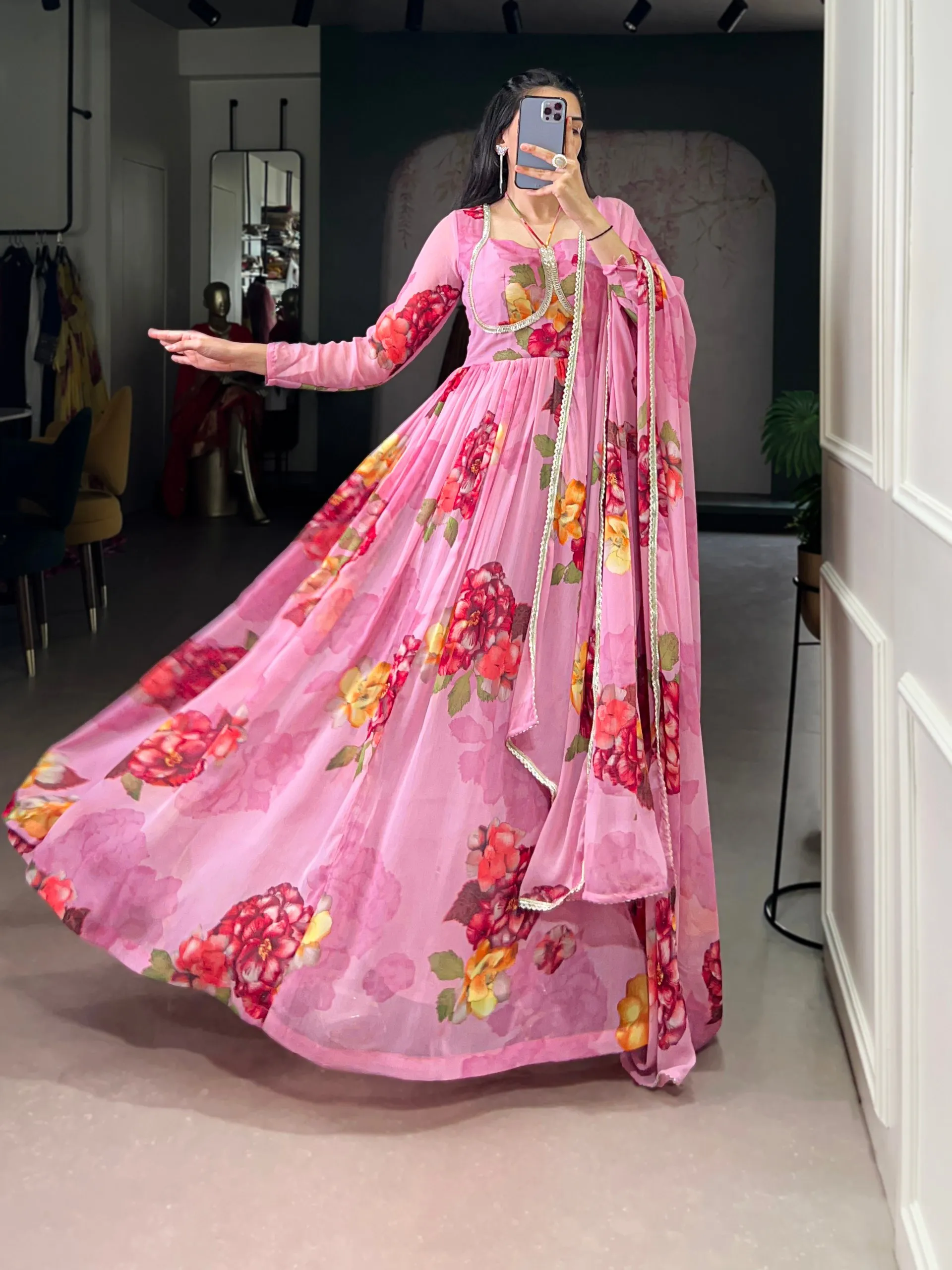 WMN 5103 Pink Chiffon Floral Printed Gown Online Silk Aura Usa