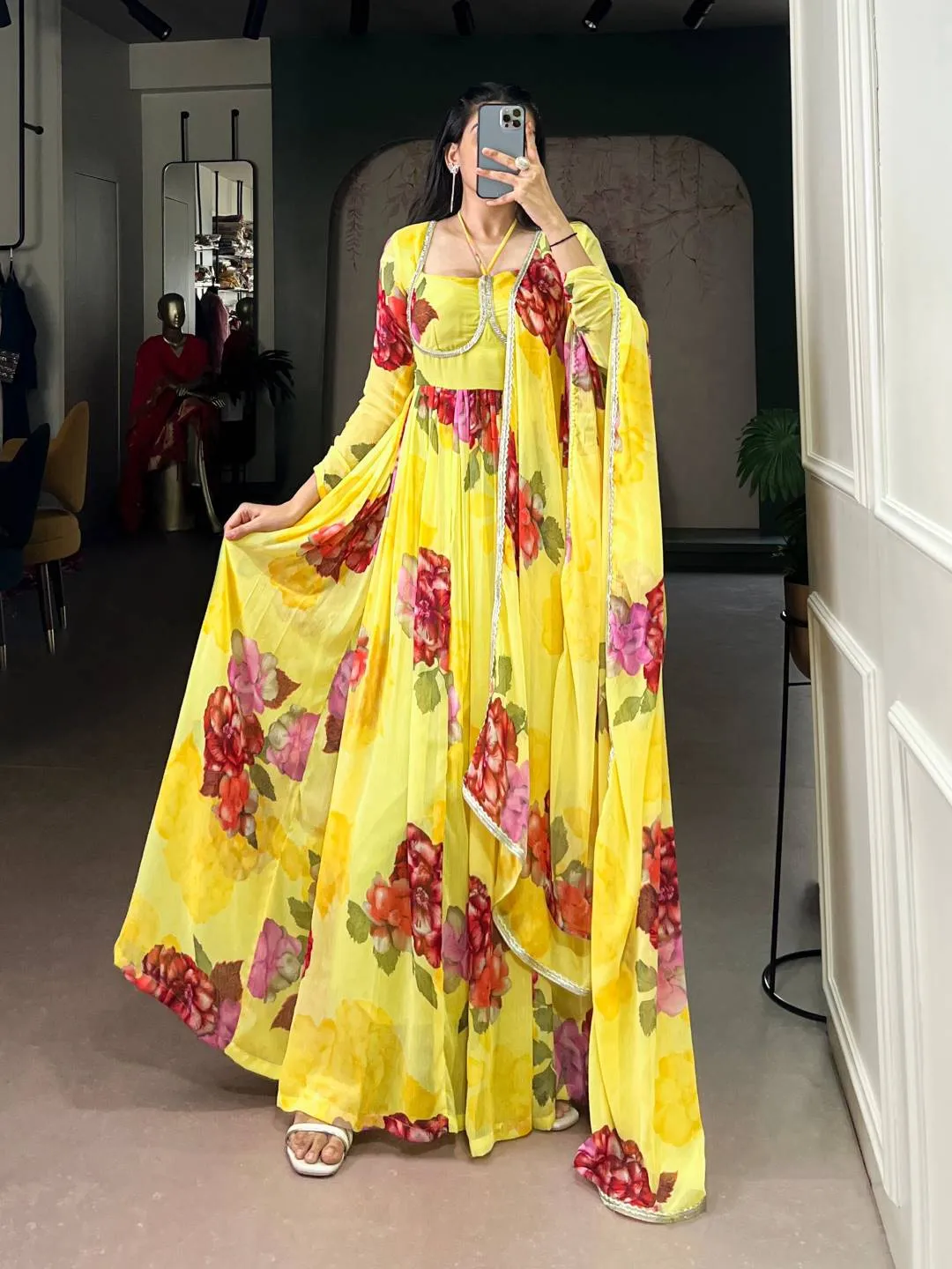 WMN 5103 Yellow Chiffon Floral Printed Gown Online Silk Aura Usa