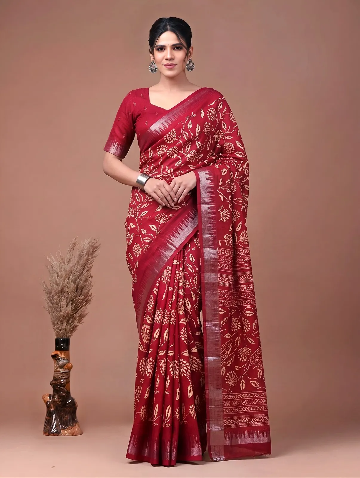 Buy WMN 7214 Red Slub Silk Saree Surat Sarees Online USA