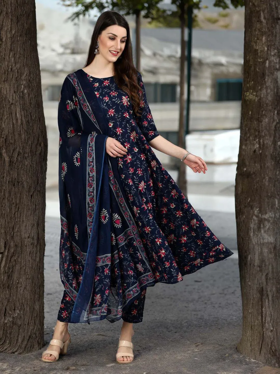 Buy Aradhna 2059 Rayon Printed Nevy Blue Readymade Gown Online Usa