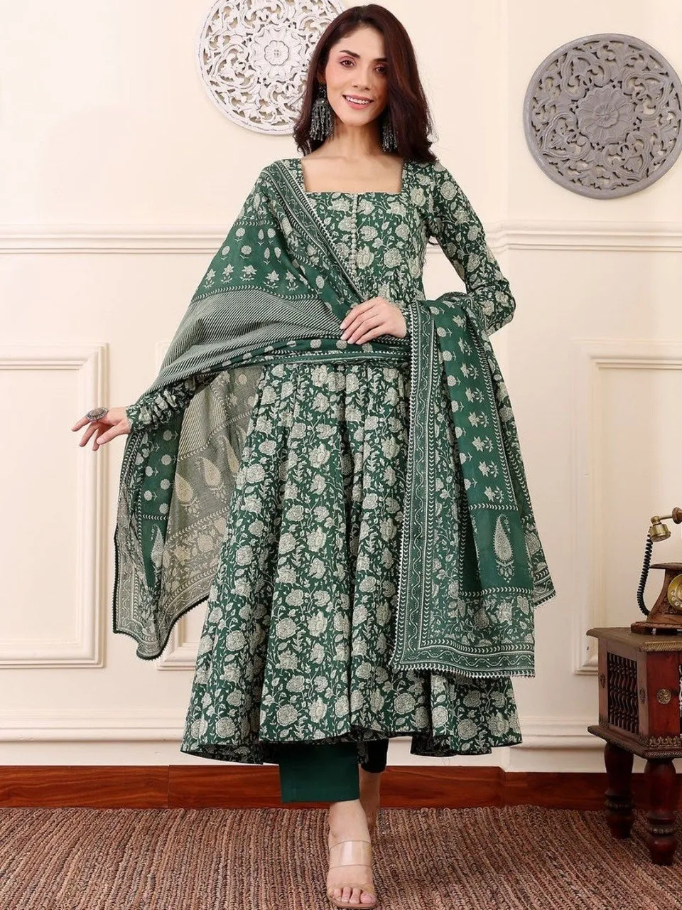 Buy Aradhna 2059 Rayon Printed Forest Green Readymade Gown Online Usa