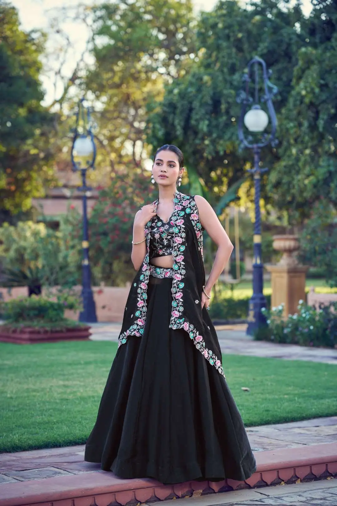 WMN 1467 Black Lehenga Choli with Soft Fendi Fabric Exquisite Embroidery Work USA