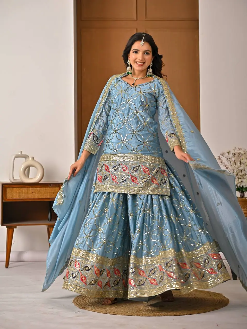 MRD 3092 Chinnon Silk Kurti Sharara Suit Dress Online Usa