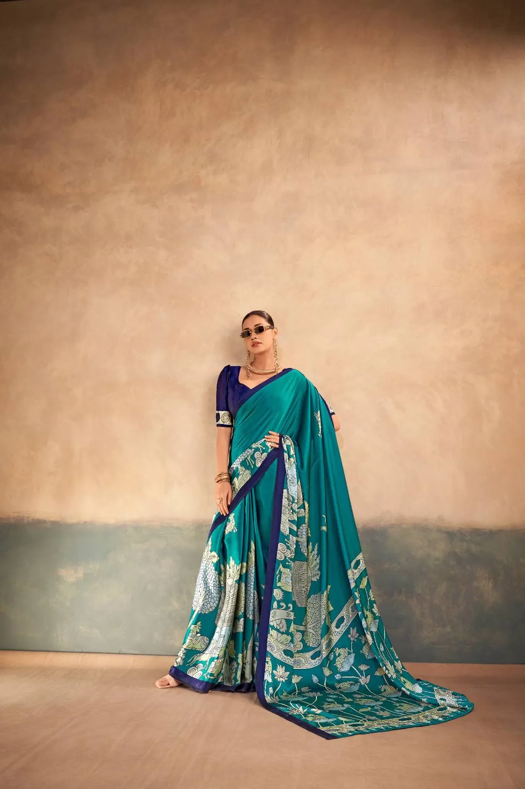 WMN 7208 Sahithya Satin Silk Kalamkari Printed Rama Party Wear Saree Usa Online