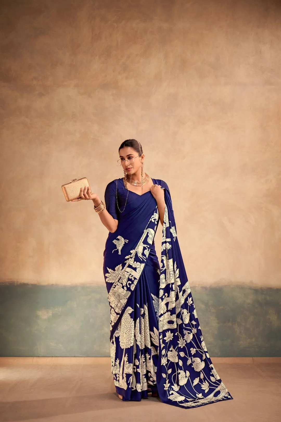 WMN 7208 Sahithya Satin Silk Kalamkari Printed Blue Party Wear Saree Usa Online
