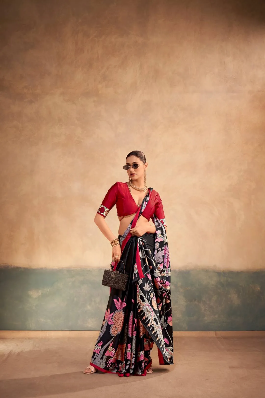 WMN 7208 Sahithya Satin Silk Kalamkari Printed Black Party Wear Saree Usa Online