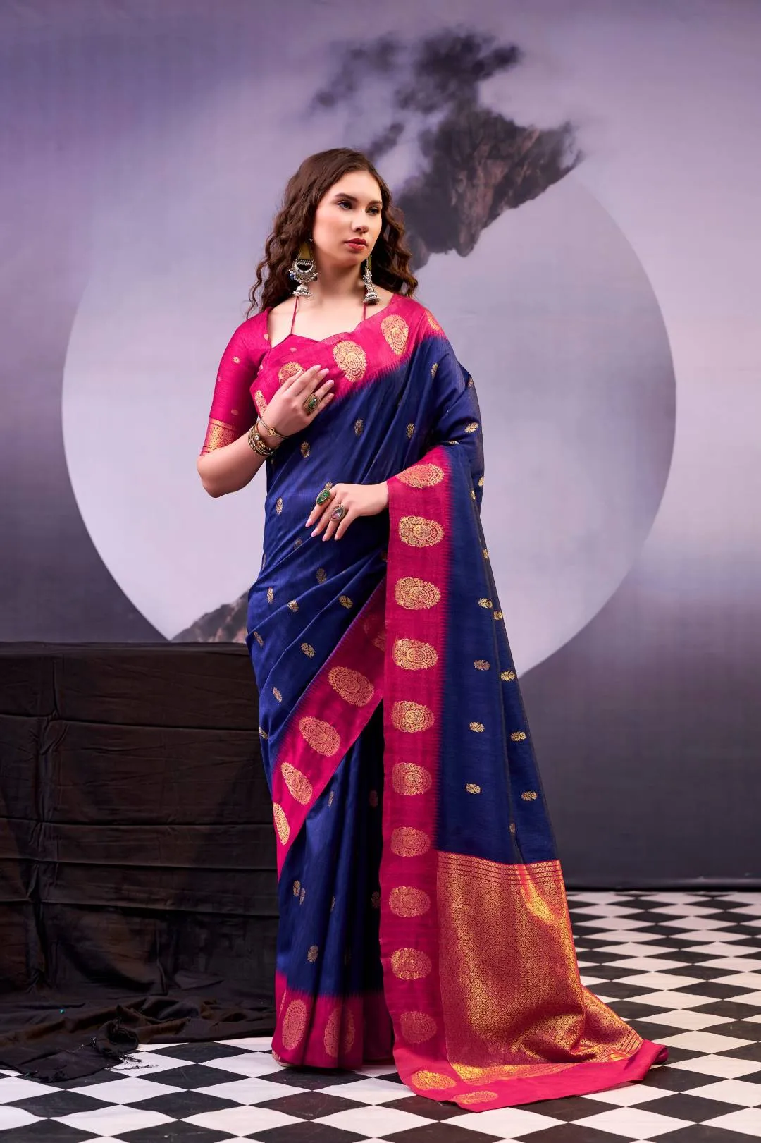 Buy WMN 8002 Poly Cotton Navy Blue Kalindi Zari Festival Saree Usa Online