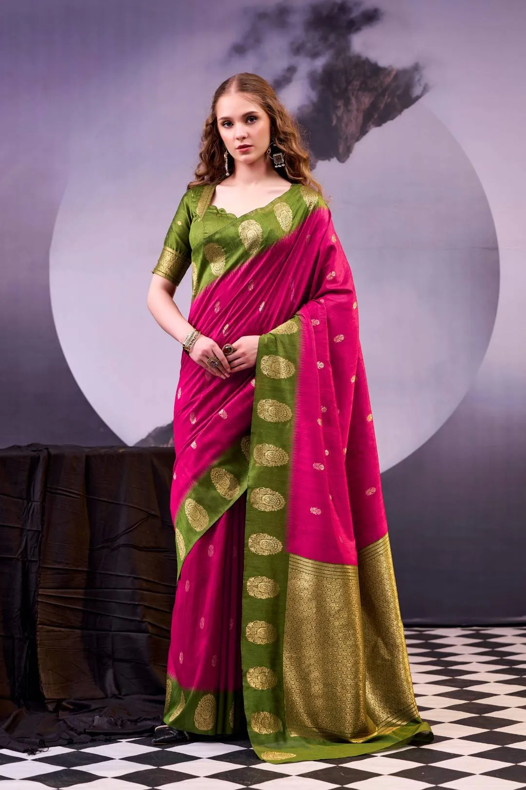 Buy WMN 8002 Poly Cotton Pink Kalindi Zari Festival Saree Usa Online