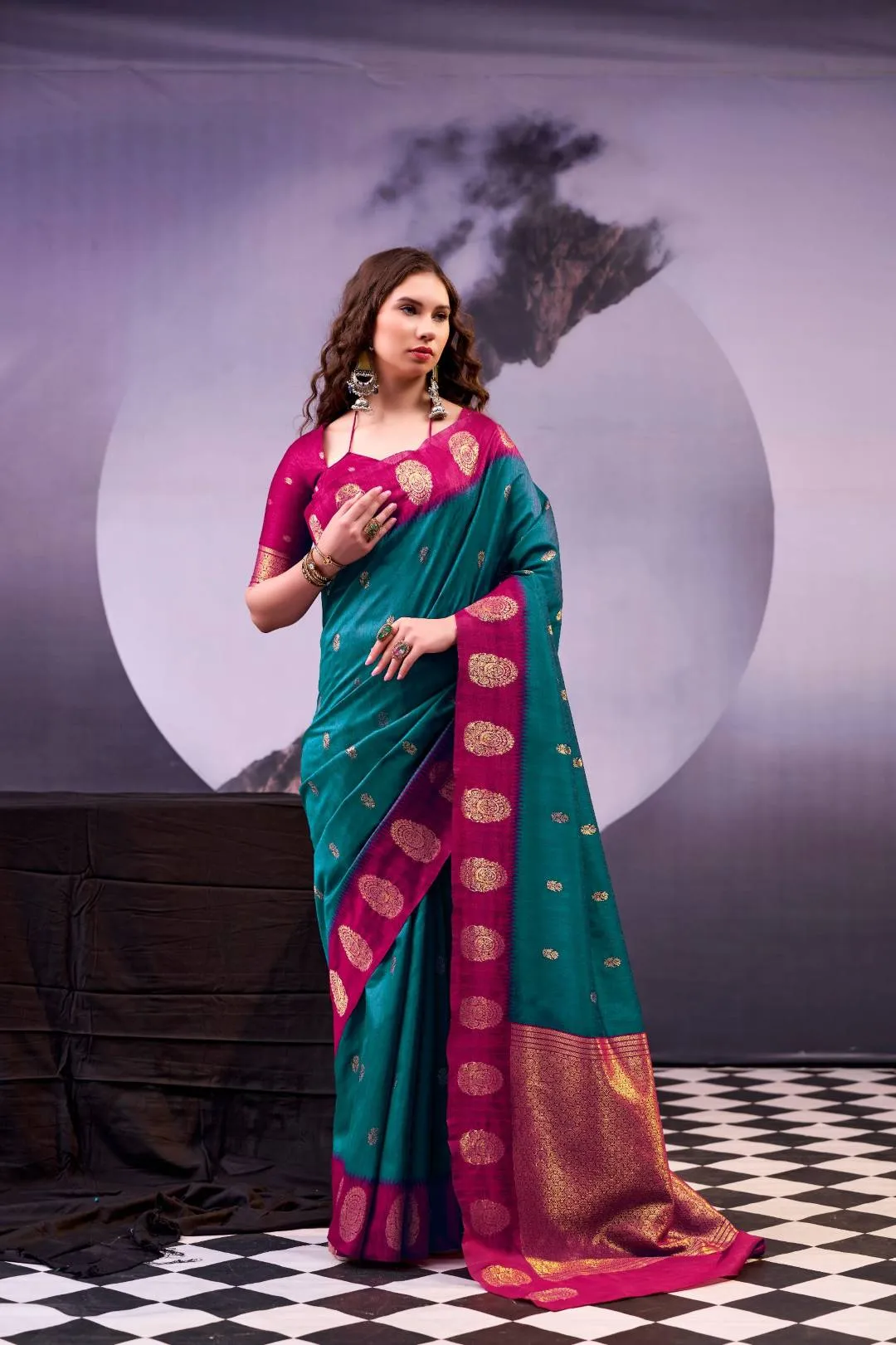 Buy WMN 8002 Poly Cotton Teal Kalindi Zari Festival Saree Usa Online