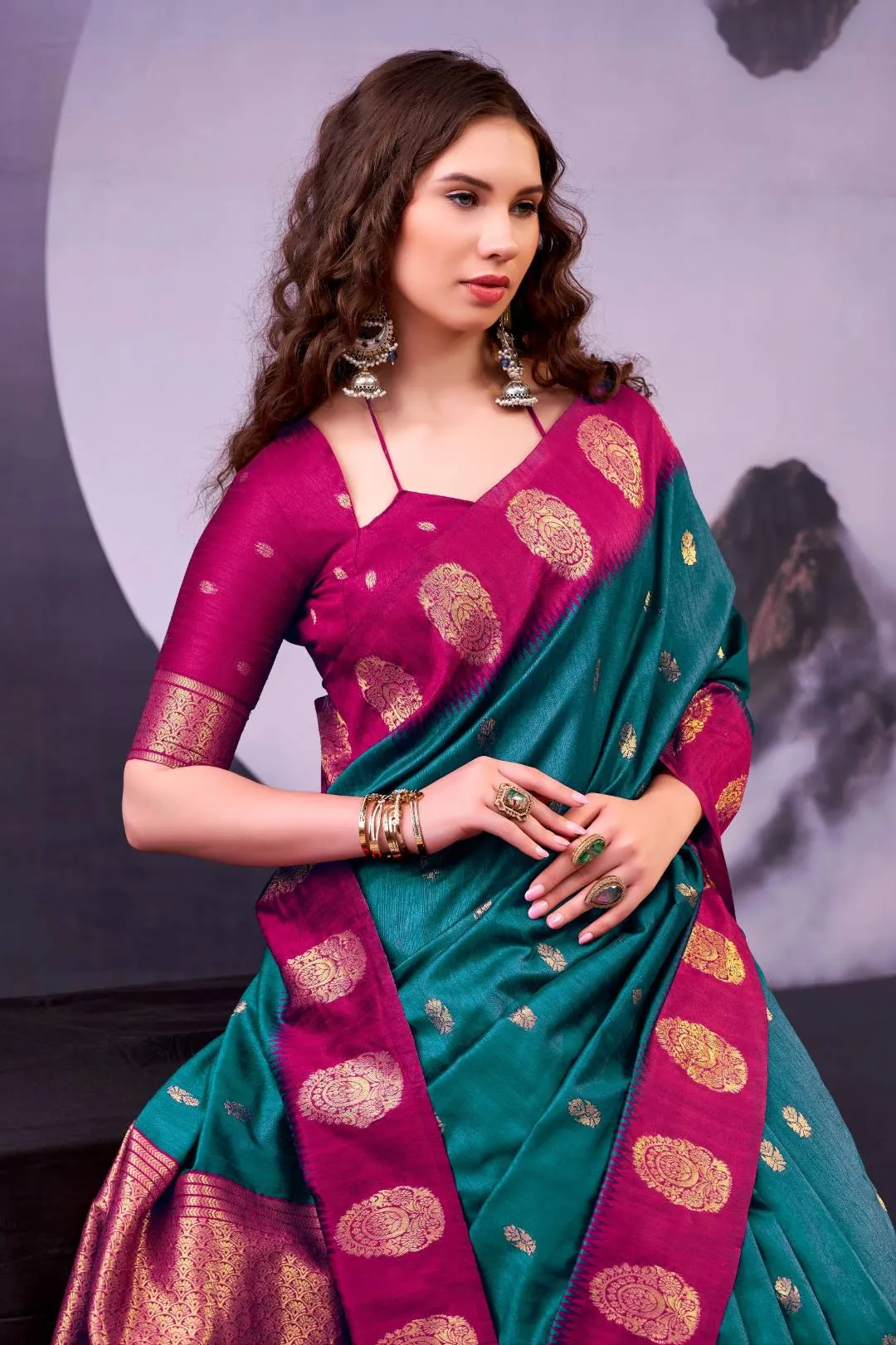 Buy WMN 8002 Poly Cotton Teal Kalindi Zari Festival Saree Usa Online