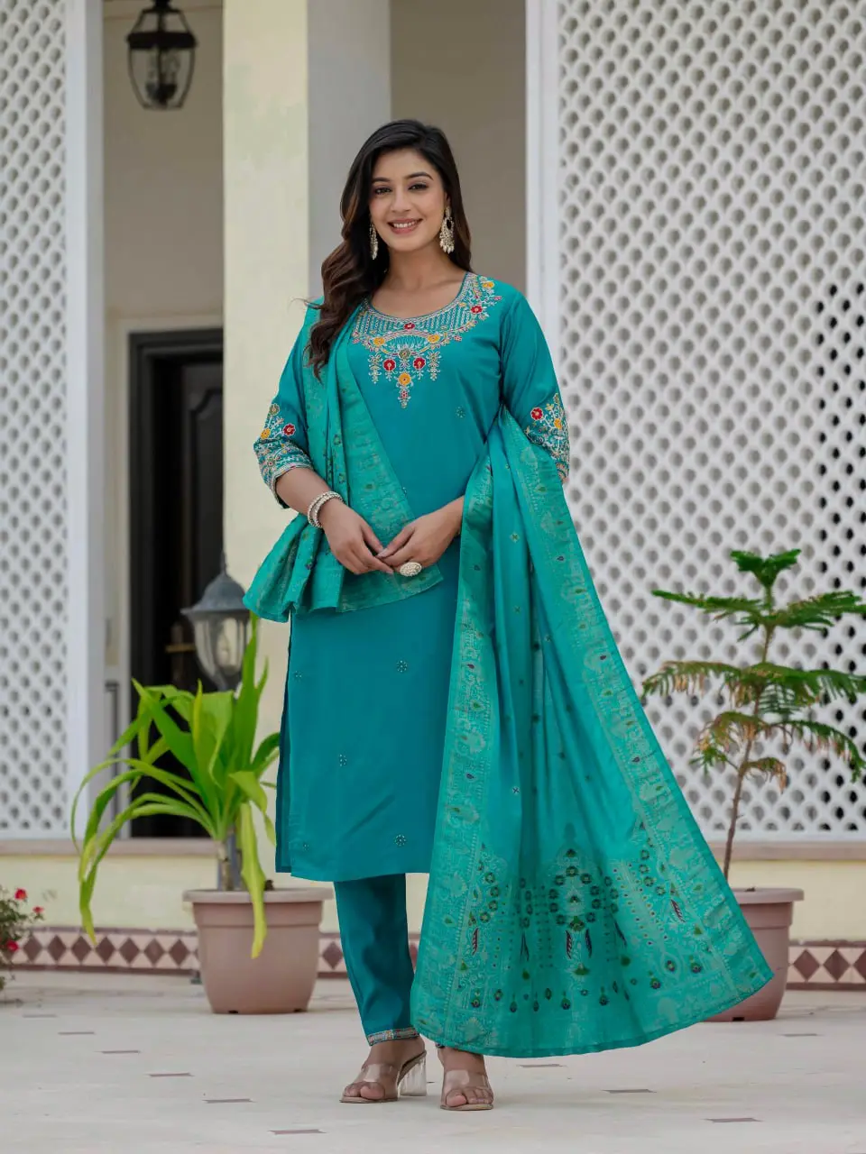 Lila 125 Roman Silk Embroidery Work Readymade Dress Wholesale Usa