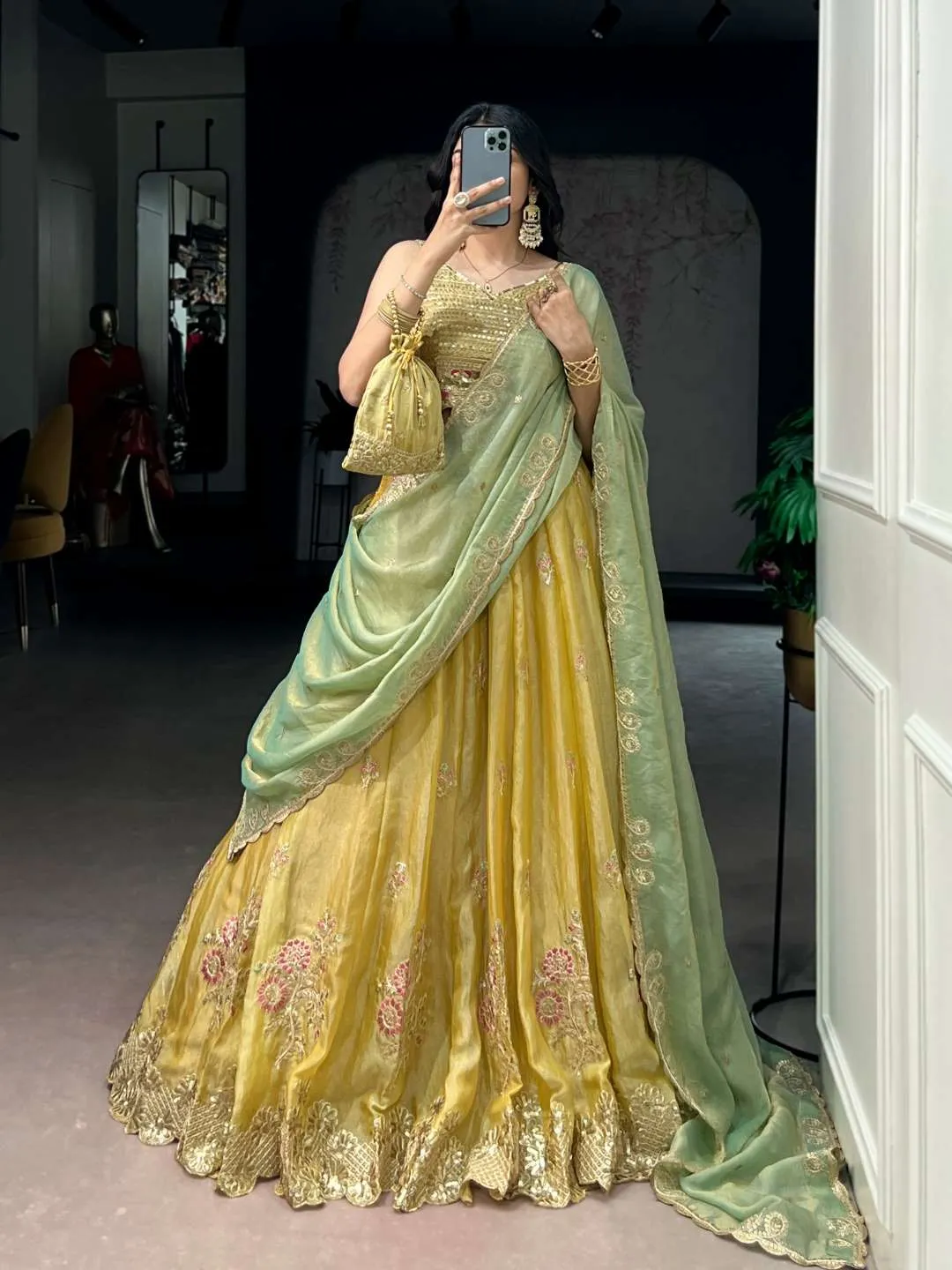 WMN 1466 Moss Silk Thread Embroidery Work Lehenga Wholesale Surat Usa